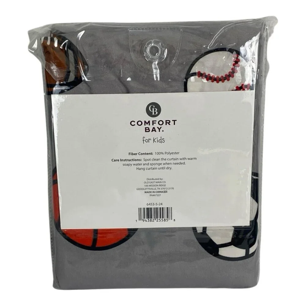 Let’s Go! Fabric Shower Curtain For Sports Fanatic Kids. 72” x 72” Gray Baseball